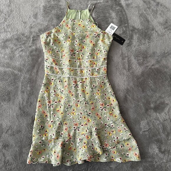 NWT City Triangles Pistachio Green Mini Dress Size 1 XS Floral 90s Y2K Halter - Picture 1 of 7